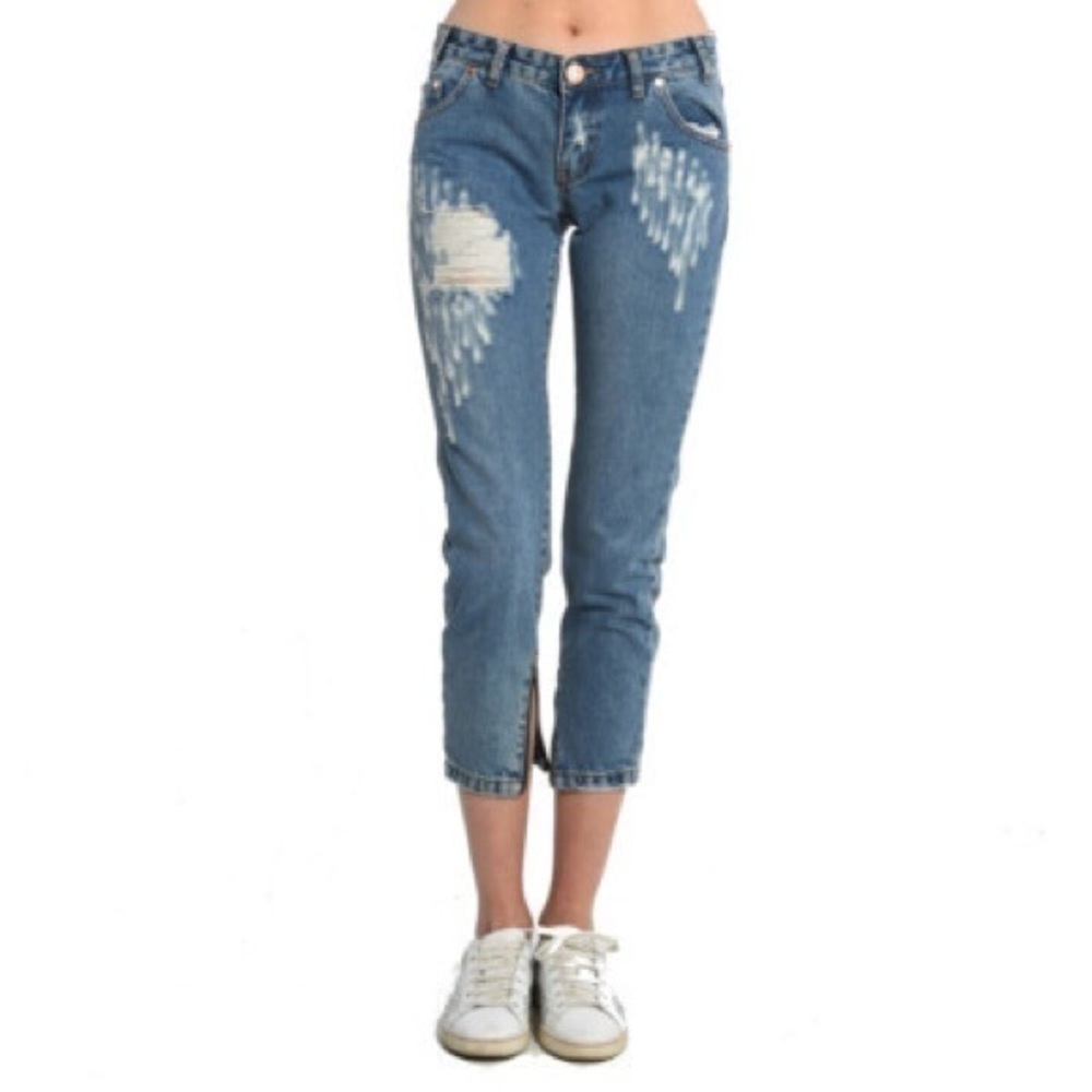 ONE Teaspoon Thrashed Freebird Distressed Blue Womens Jeans Size 27 Ankle Zipper